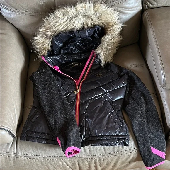 Michael Kors Black Jacket with Pink Trim and Faux Fur Hood - Picture 1 of 2